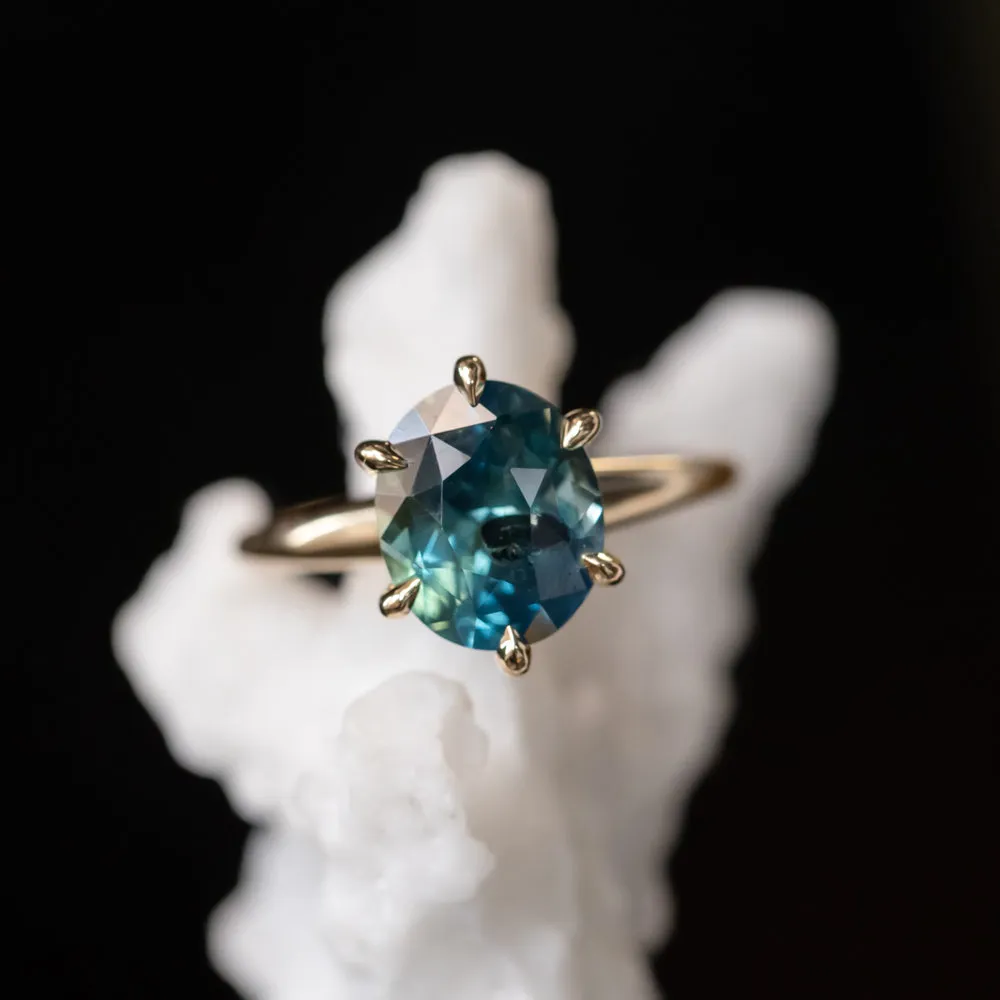 4.06ct Oval Bicolor Montana Sapphire Coral Six Prong Solitaire in 14k Yellow Gold
