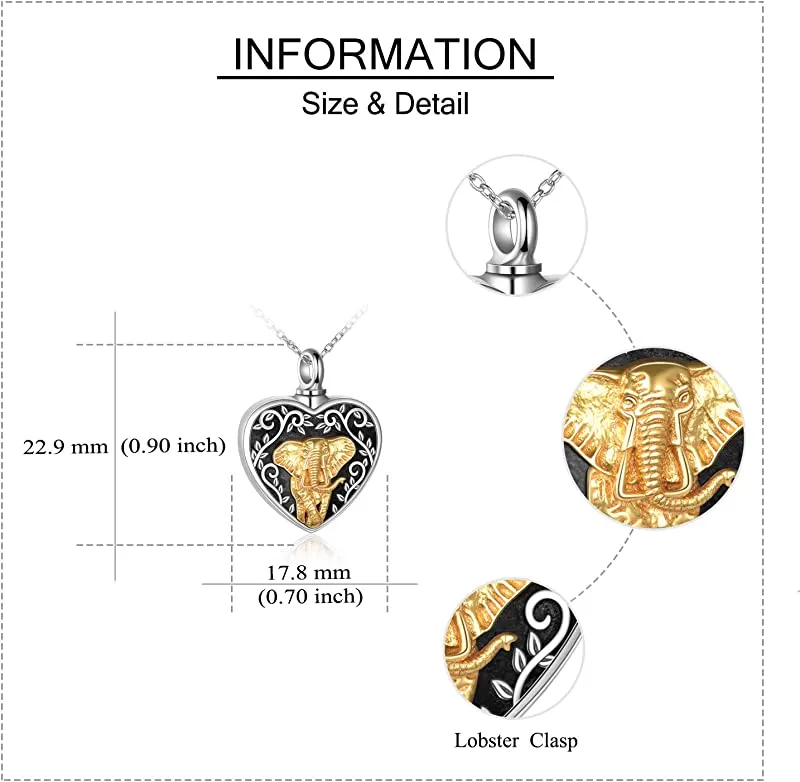 925 Sterling Silver Heart Urn Necklaces Elephant Necklace Always in My Heart Cremation Keepsake Necklace for Ashes