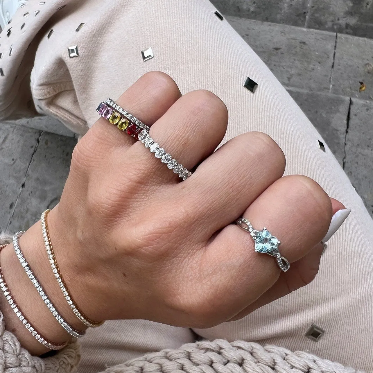 Aquamarine Heart Solitaire Diamond Sided Ring