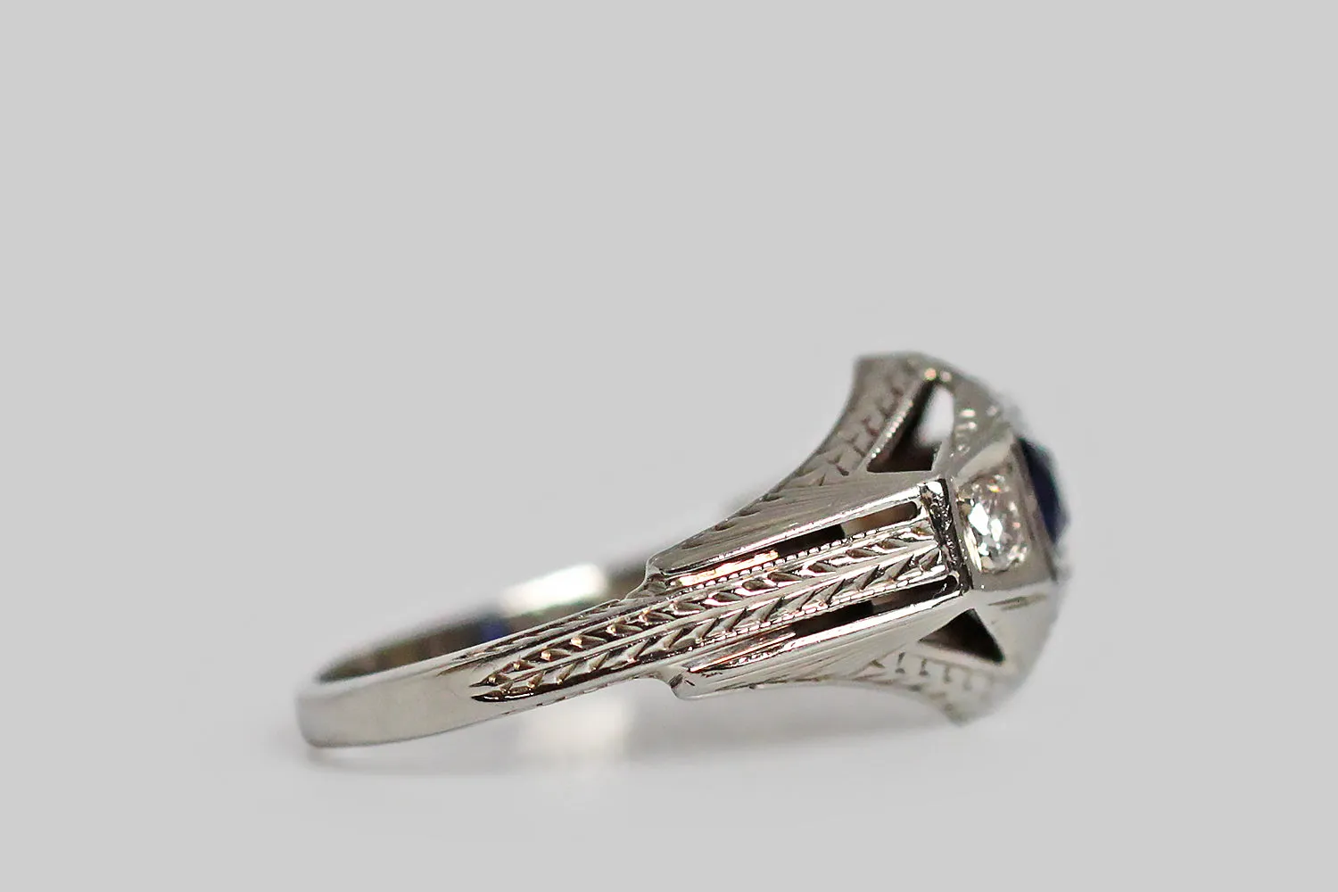 Architectural Art Deco Era Three Stone Engagement Ring in 18k Gold