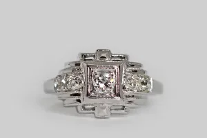 Art Deco Era Five Diamond Temple Engagement Ring in Platinum