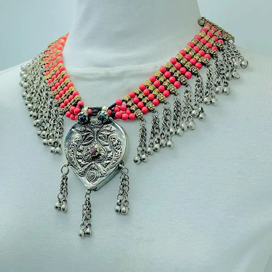 Beaded Chain Necklace With Silver Pendant
