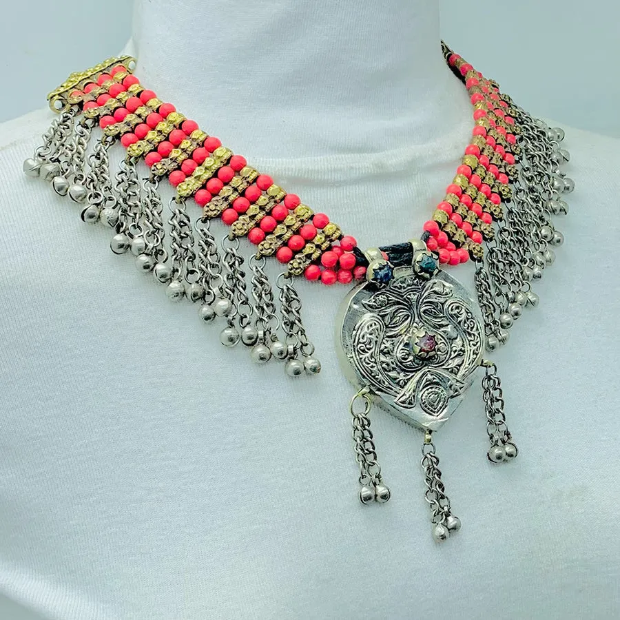 Beaded Chain Necklace With Silver Pendant