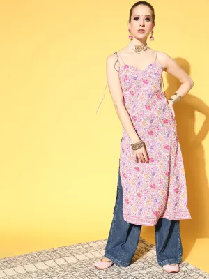 Berrylush Women Pink & Purple Floral Printed Sweetheart Neck Tie-Up Strap Straight Midi Kurta