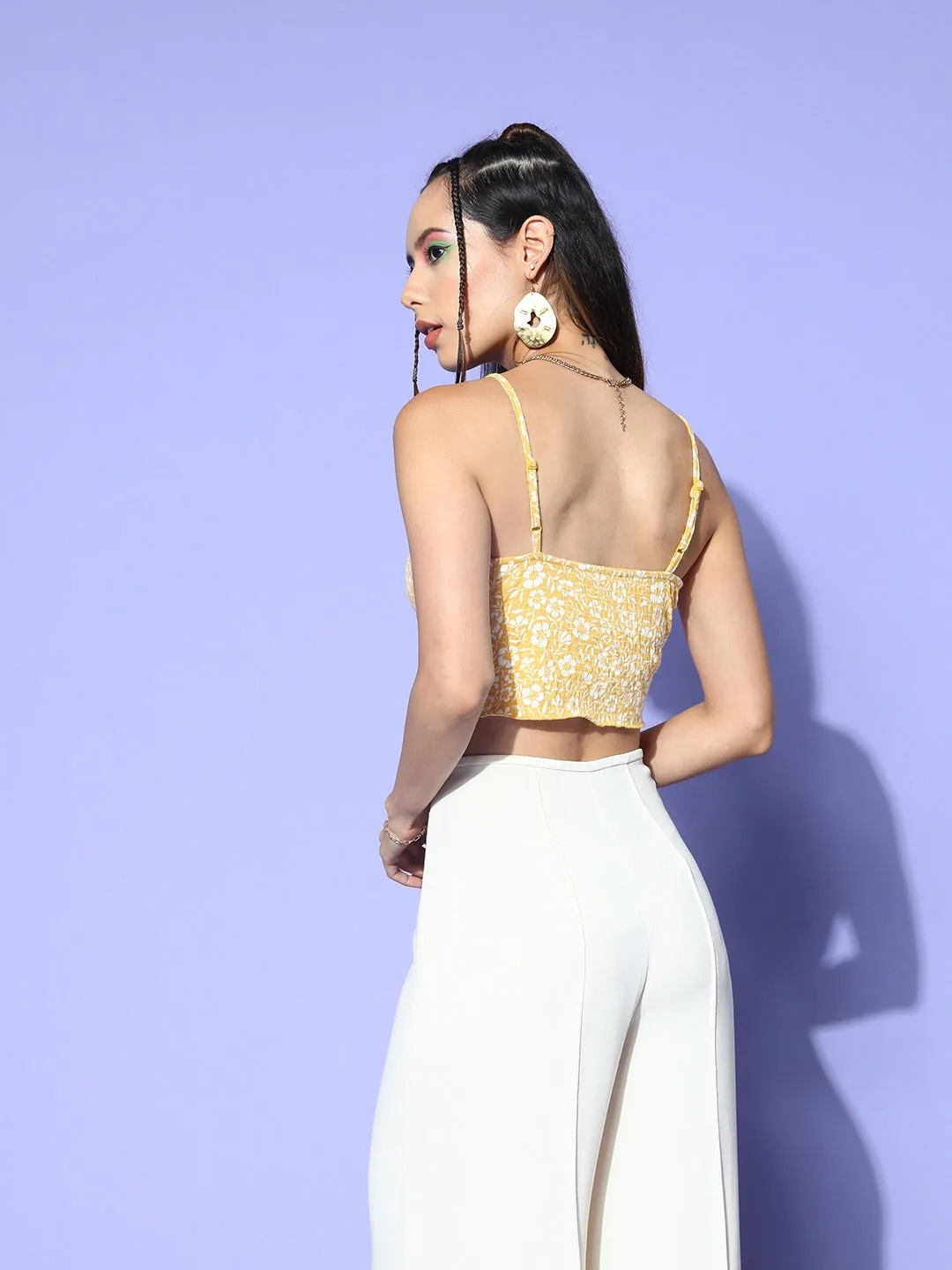 Berrylush Women Yellow & White Floral Printed Square Neck Sleeveless Cotton Smocked Crop Top