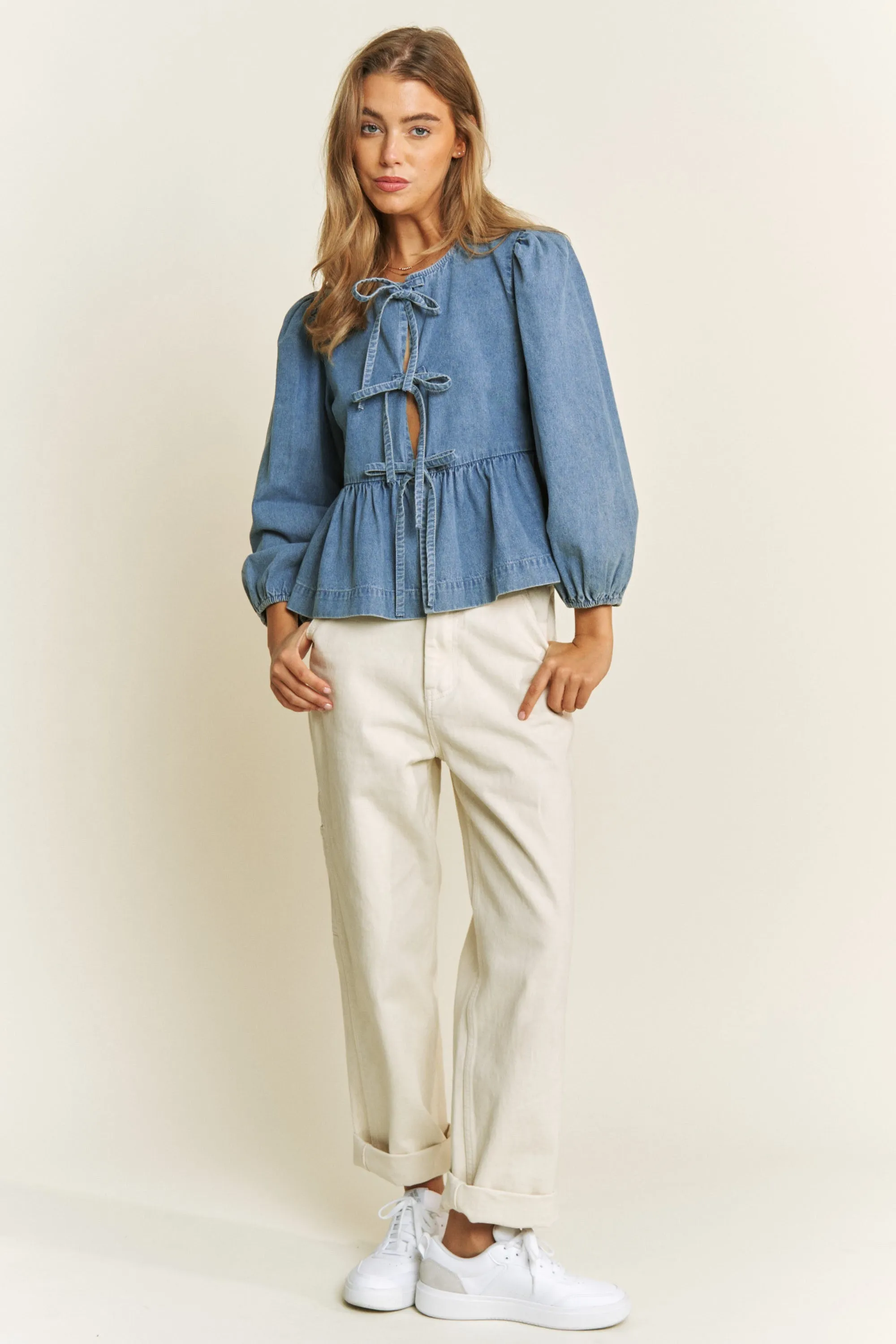 Betty Long Sleeve Bow Top - Denim
