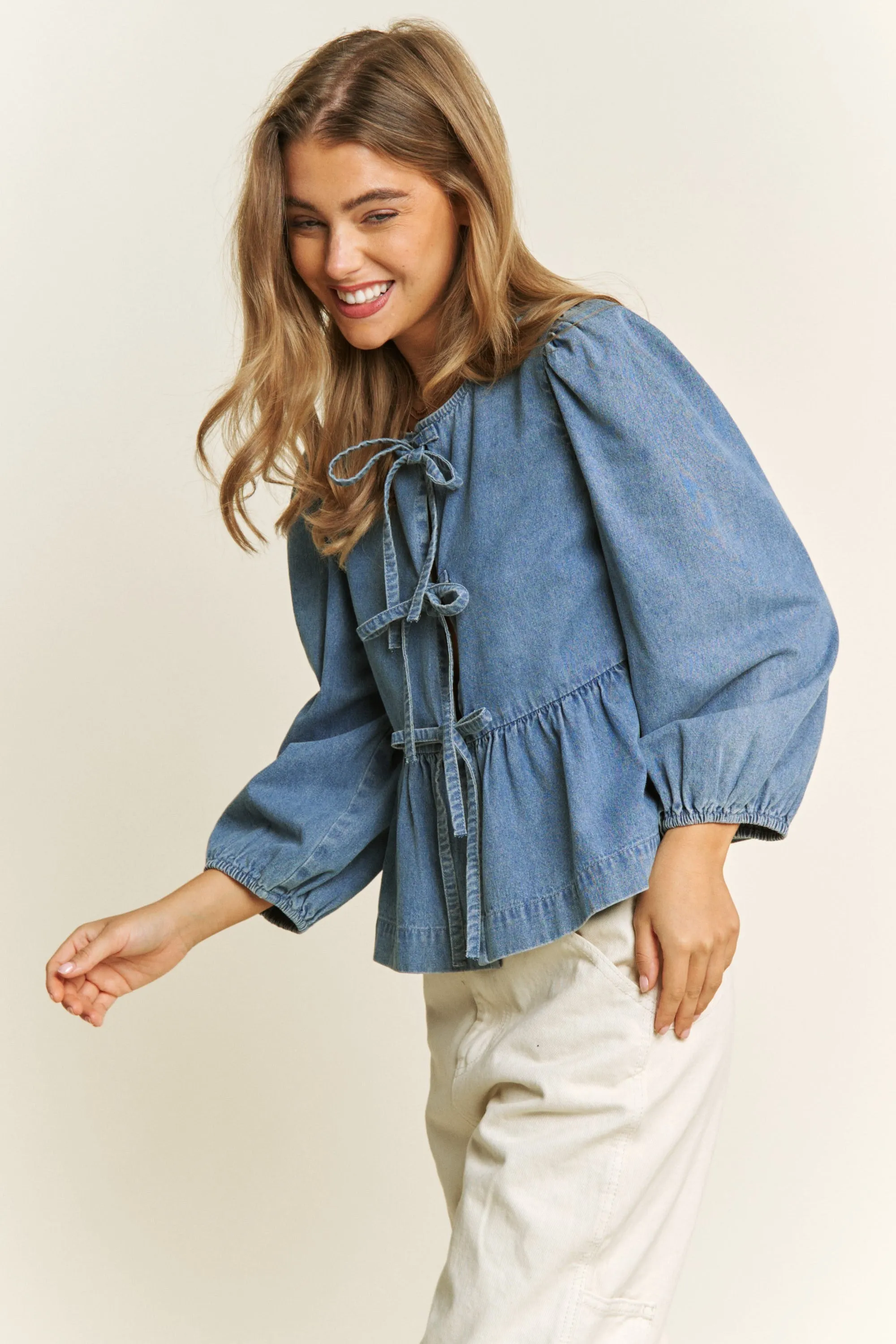 Betty Long Sleeve Bow Top - Denim