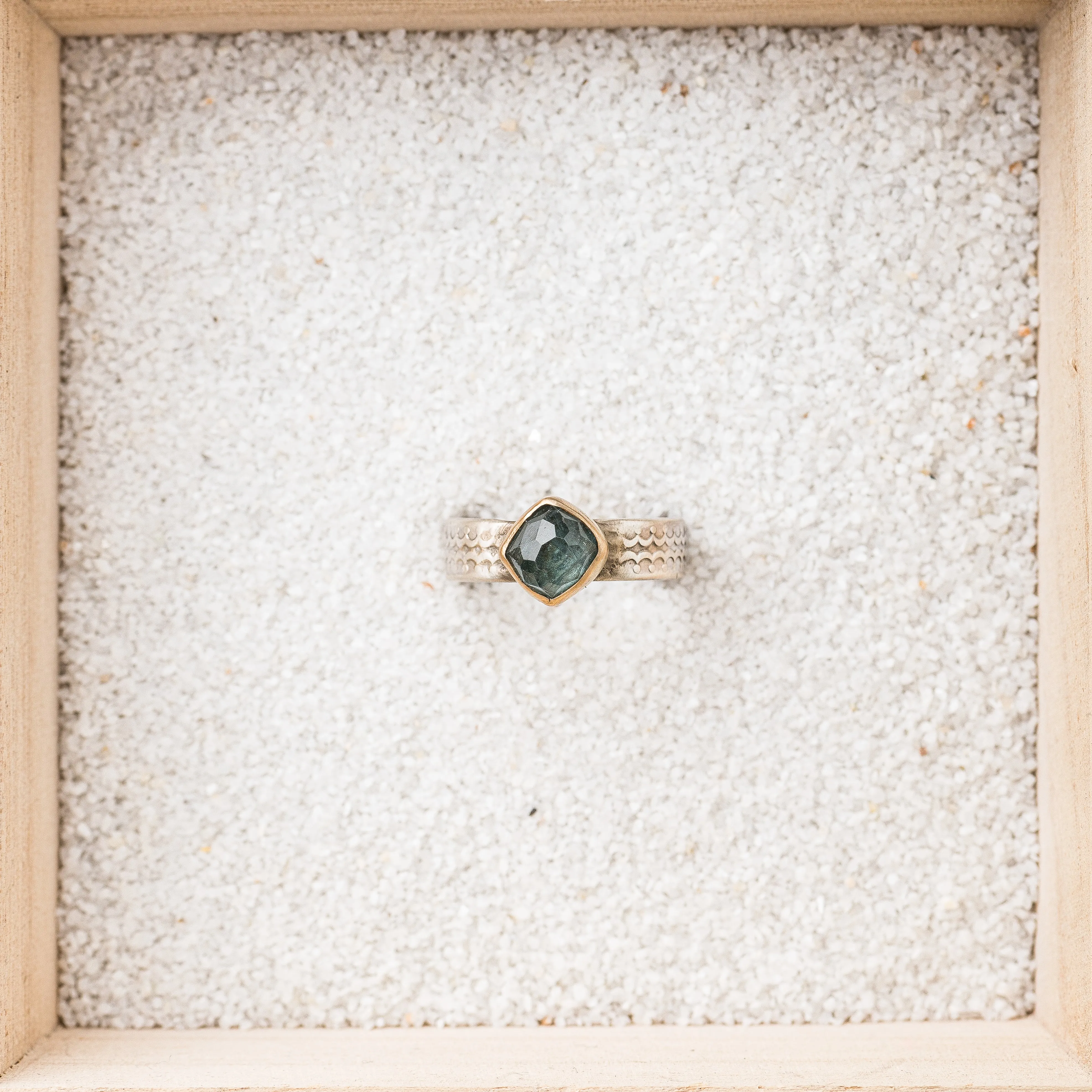 Blue Tourmaline Cushion Ring with 14k Gold Bezel on Scallop Pattern Band