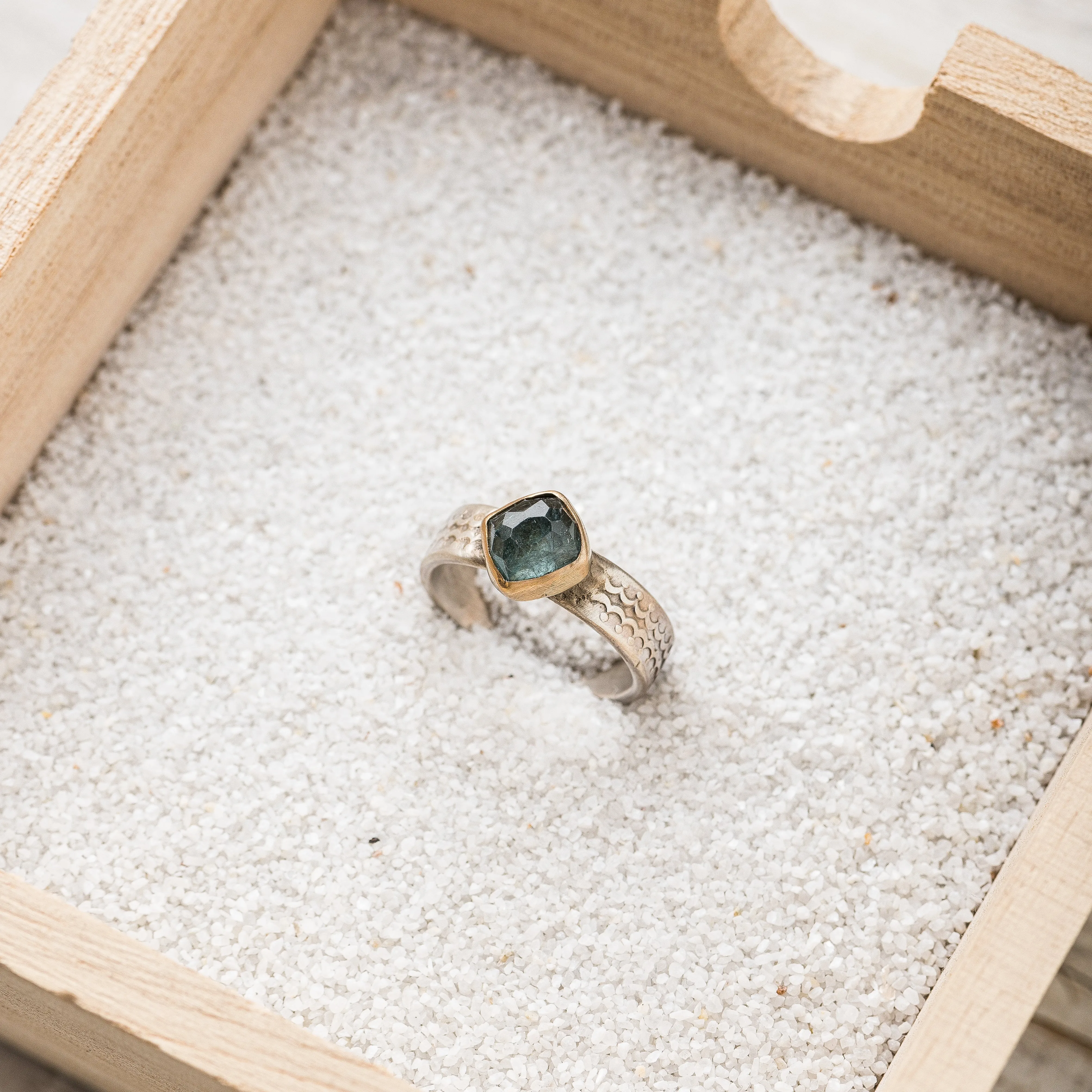Blue Tourmaline Cushion Ring with 14k Gold Bezel on Scallop Pattern Band