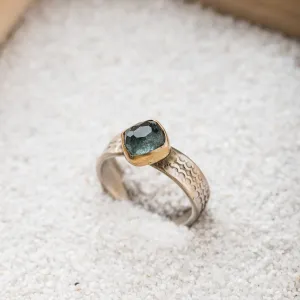 Blue Tourmaline Cushion Ring with 14k Gold Bezel on Scallop Pattern Band