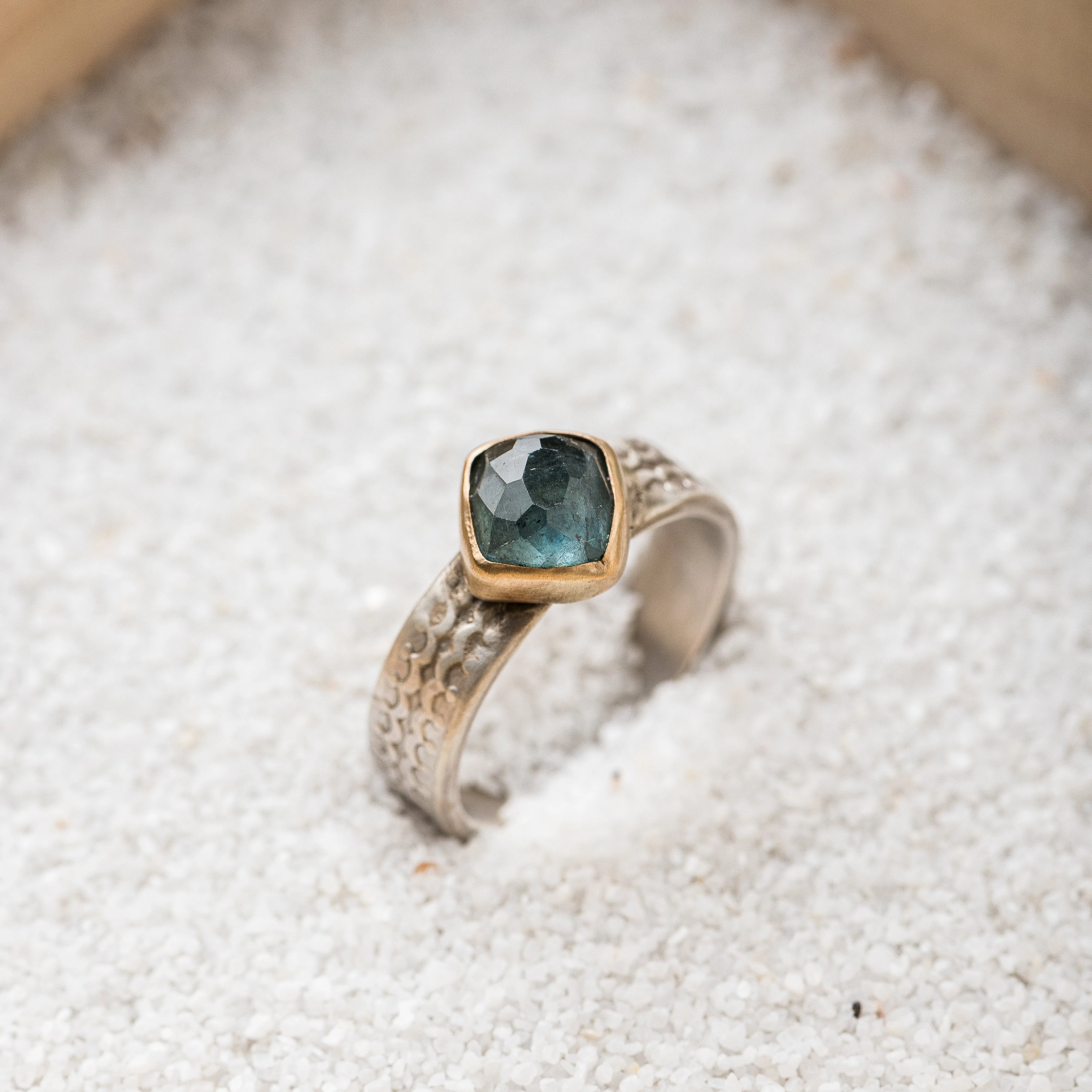 Blue Tourmaline Cushion Ring with 14k Gold Bezel on Scallop Pattern Band