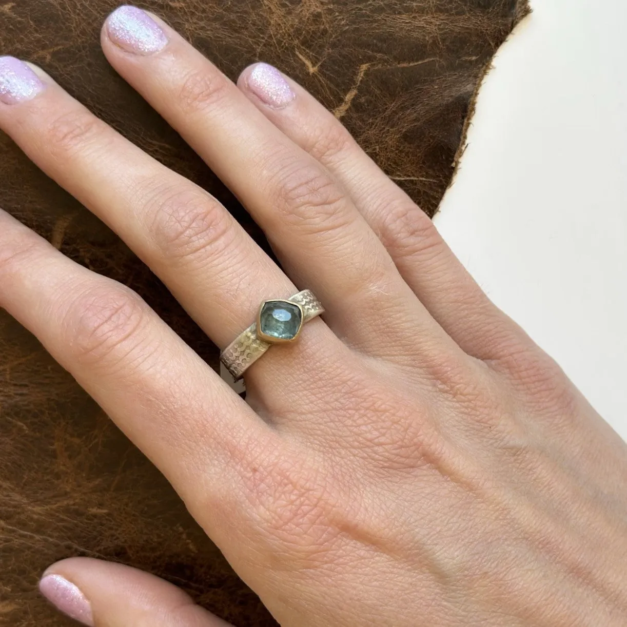 Blue Tourmaline Cushion Ring with 14k Gold Bezel on Scallop Pattern Band