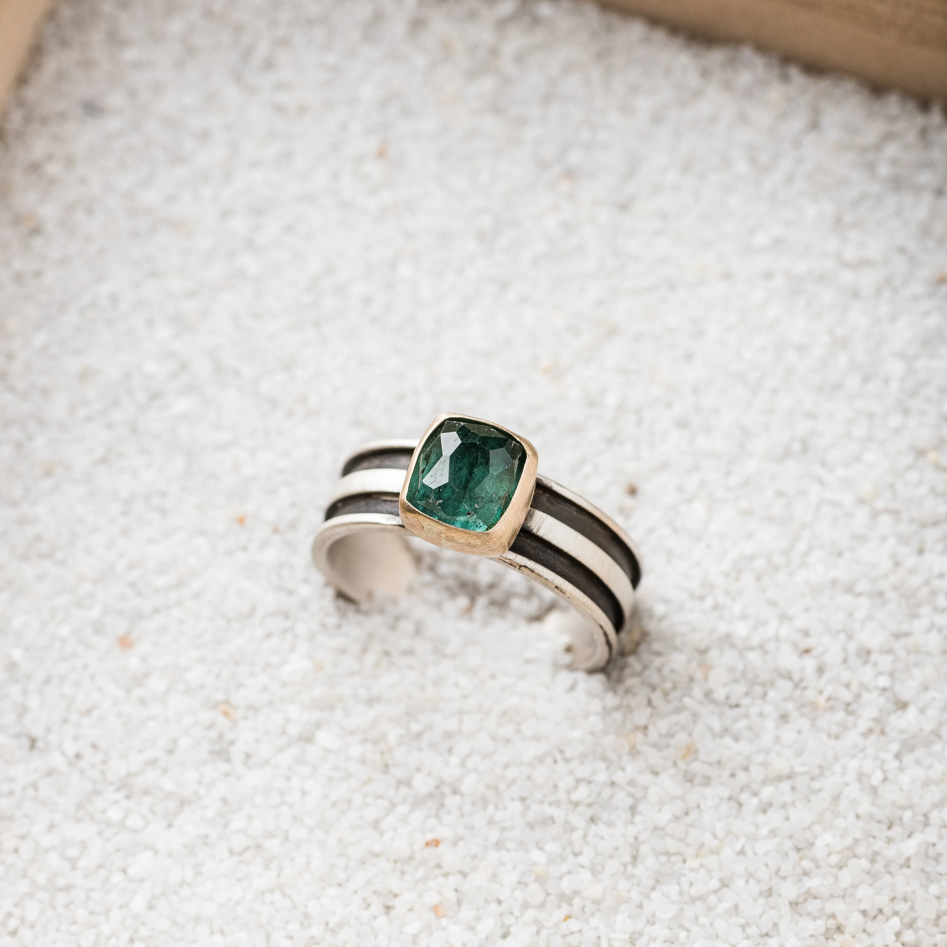 Blue Tourmaline Cushion Ring with 14k Gold Bezel on Striped Band