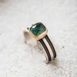 Blue Tourmaline Cushion Ring with 14k Gold Bezel on Striped Band