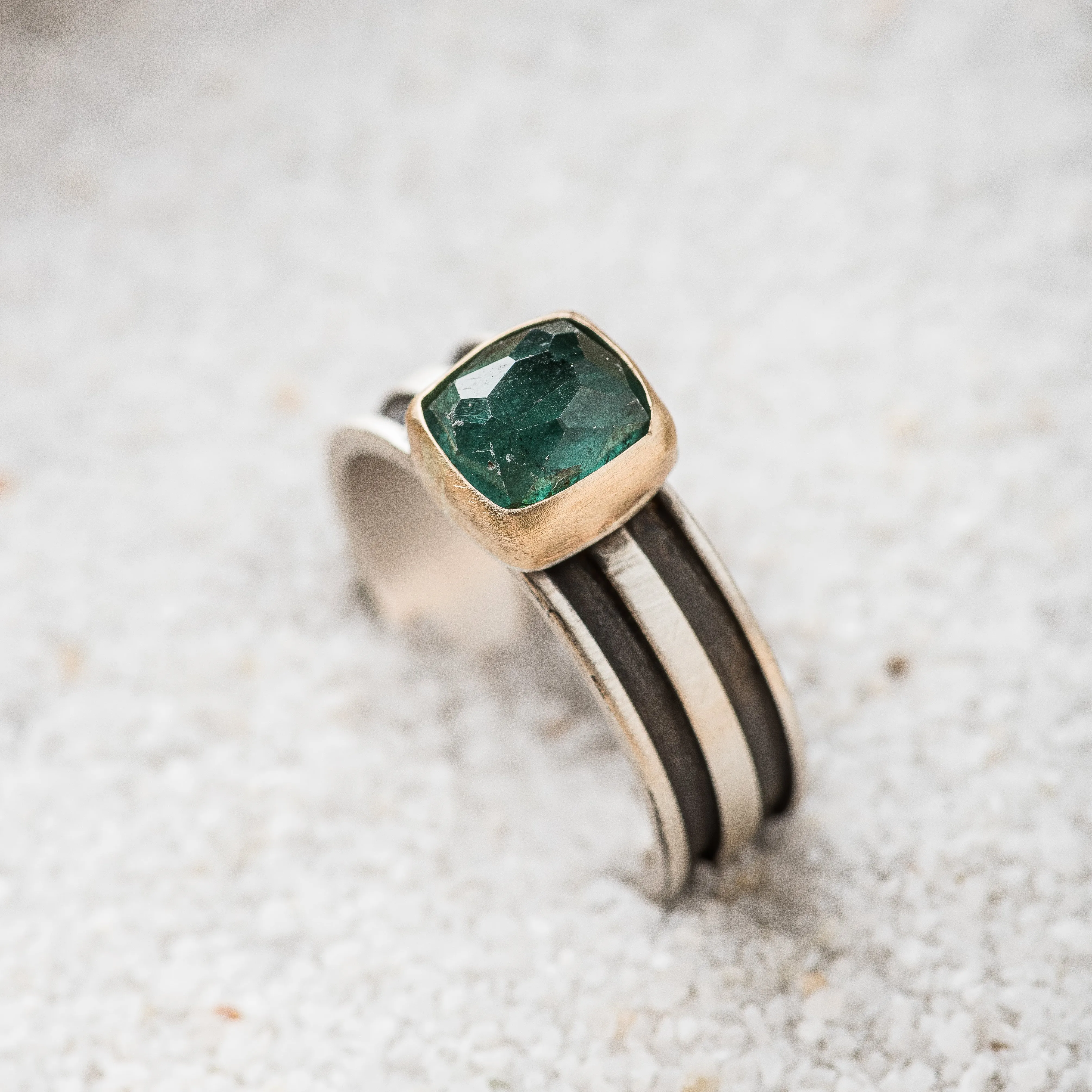 Blue Tourmaline Cushion Ring with 14k Gold Bezel on Striped Band