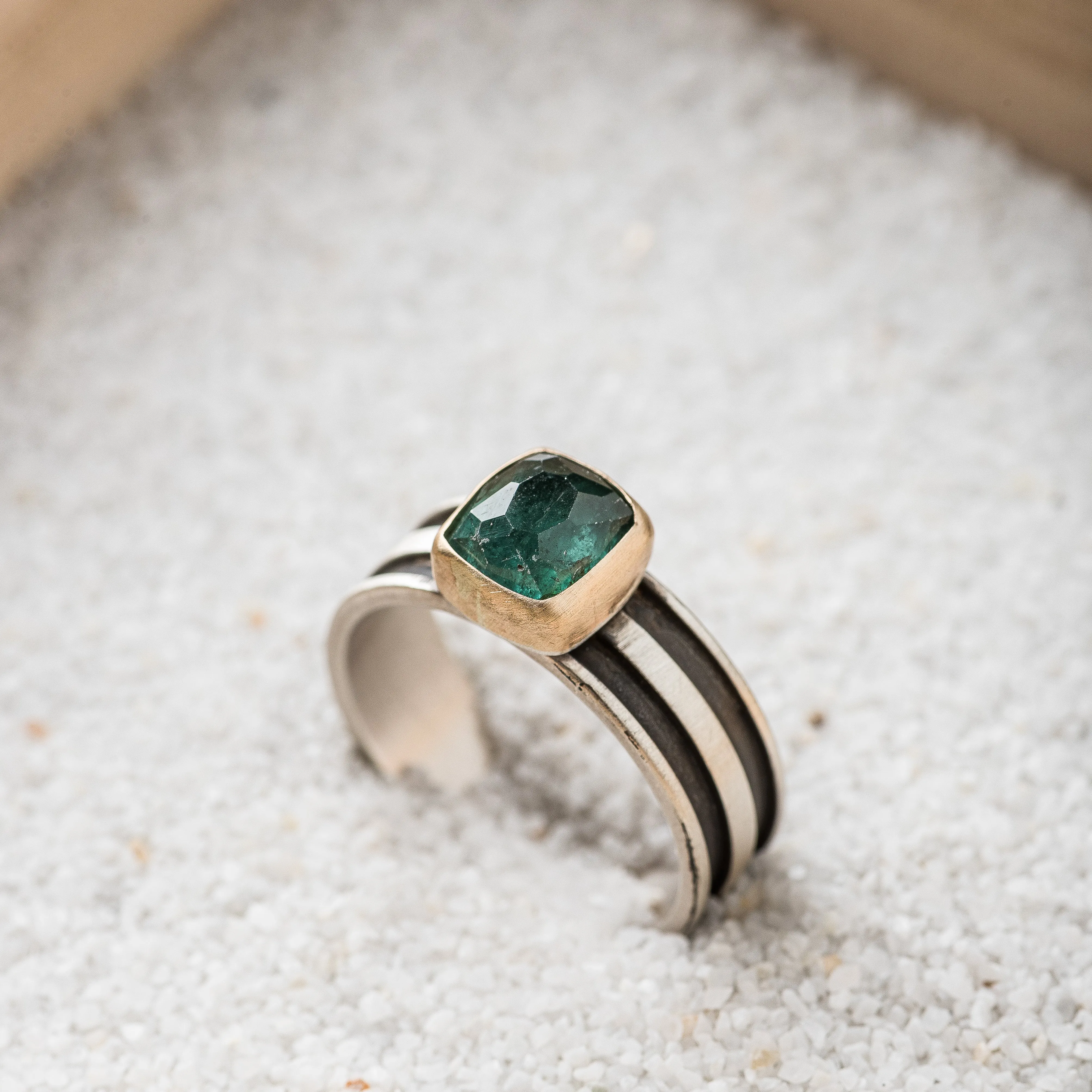 Blue Tourmaline Cushion Ring with 14k Gold Bezel on Striped Band