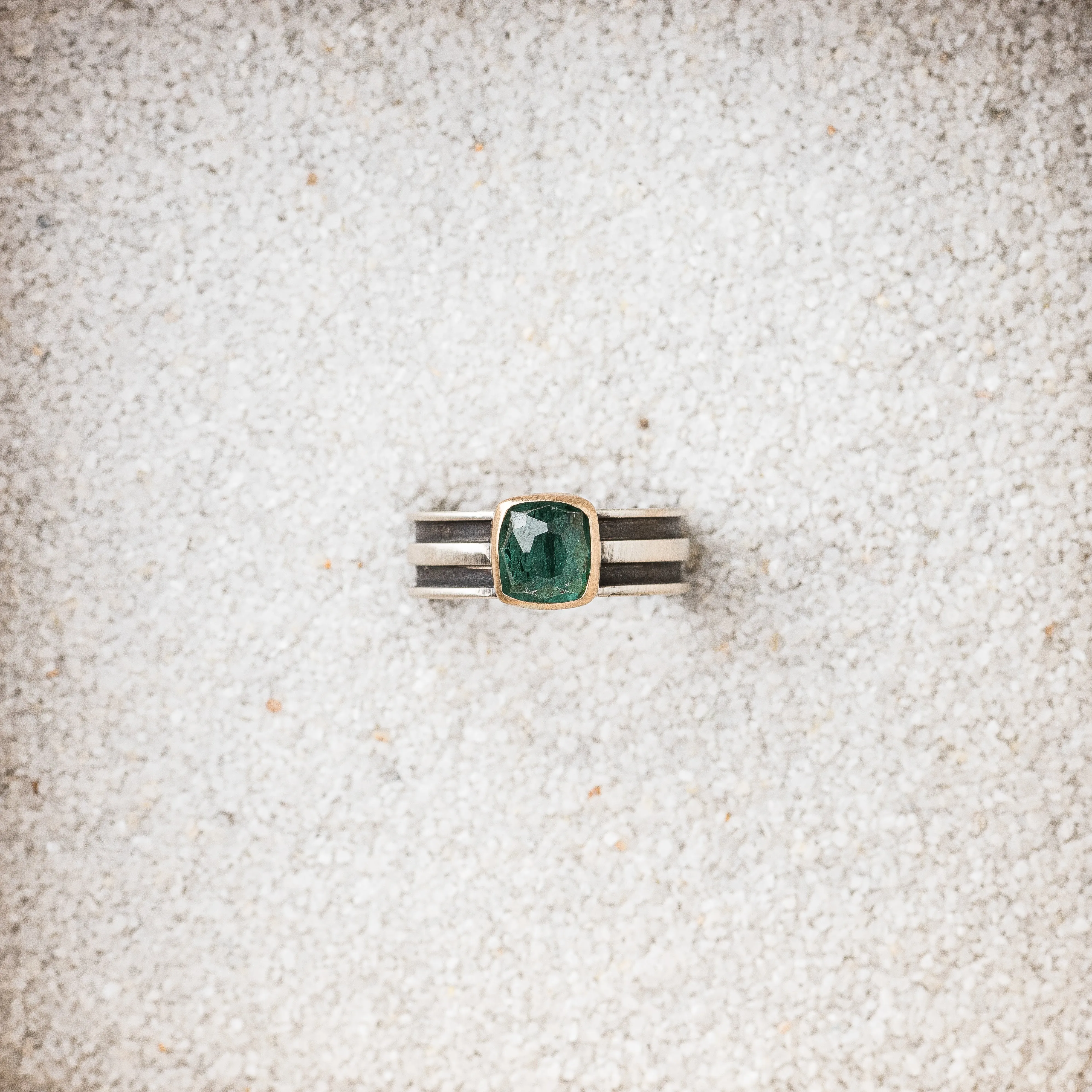 Blue Tourmaline Cushion Ring with 14k Gold Bezel on Striped Band