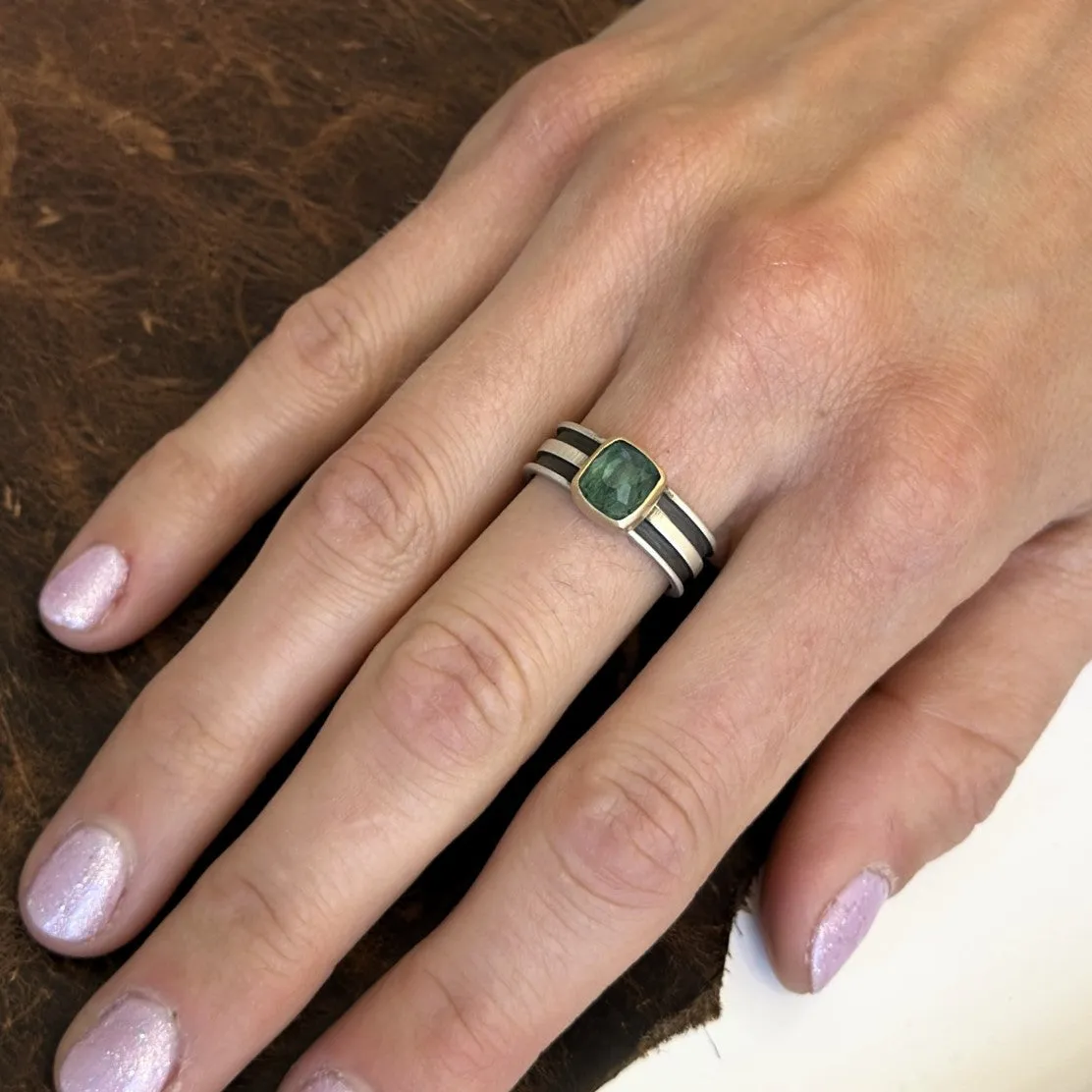Blue Tourmaline Cushion Ring with 14k Gold Bezel on Striped Band