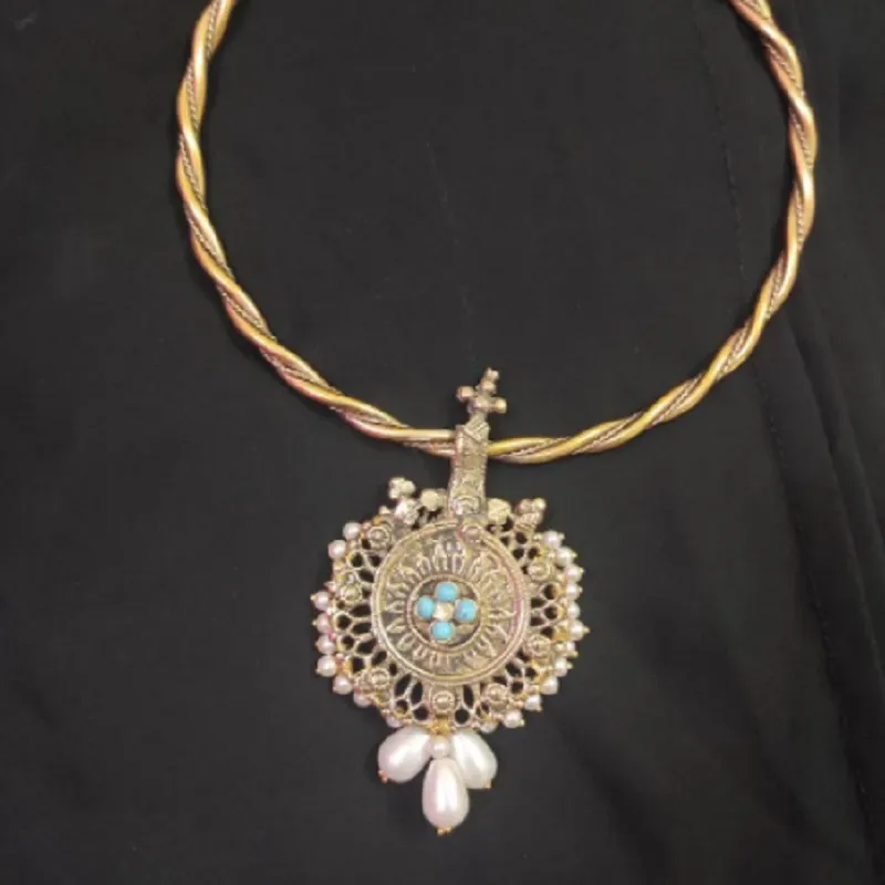 Bohemian Turqoise Beaded Hasli Choker Set and Earrings