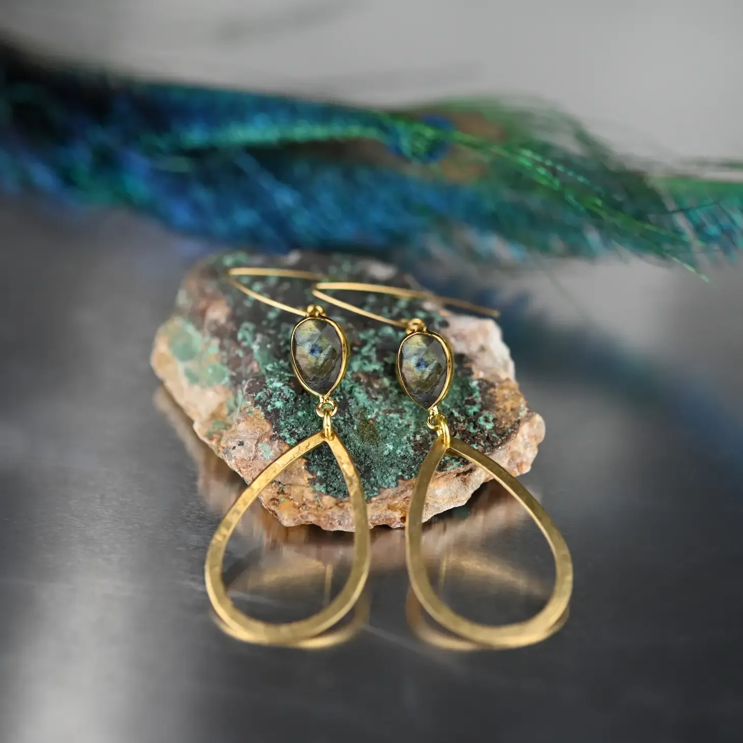 Brass Hammered Open Tear w/ Labradorite