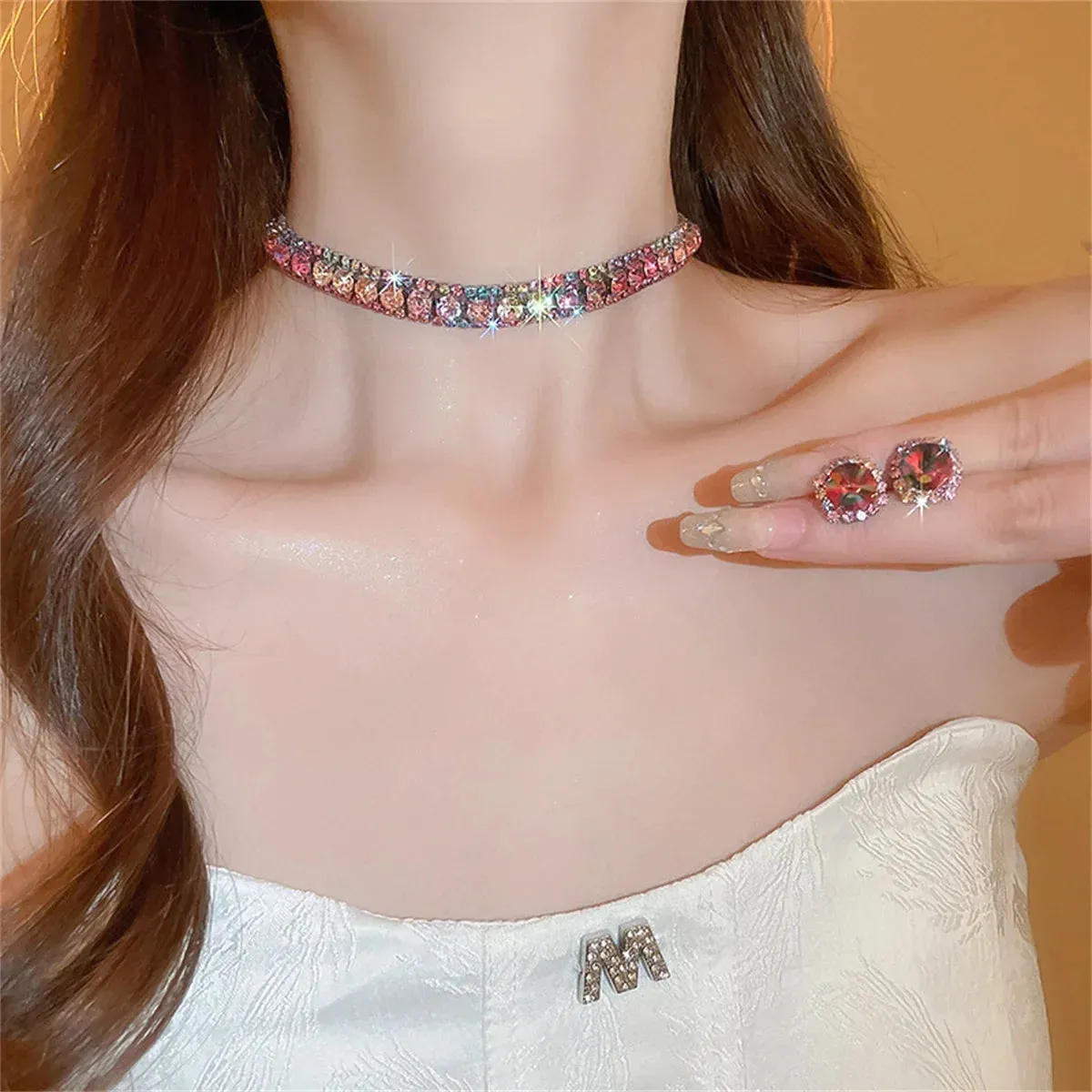 Brilliant Crystal Necklace Earrings Set for Women Party Jewelry Fashion Accessories