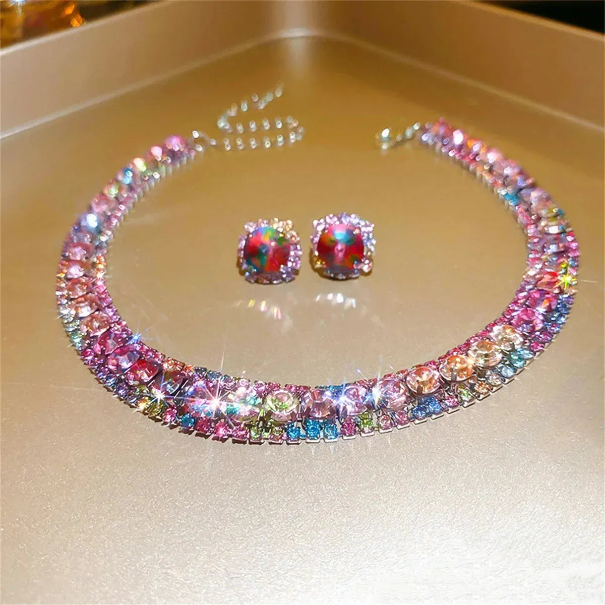 Brilliant Crystal Necklace Earrings Set for Women Party Jewelry Fashion Accessories