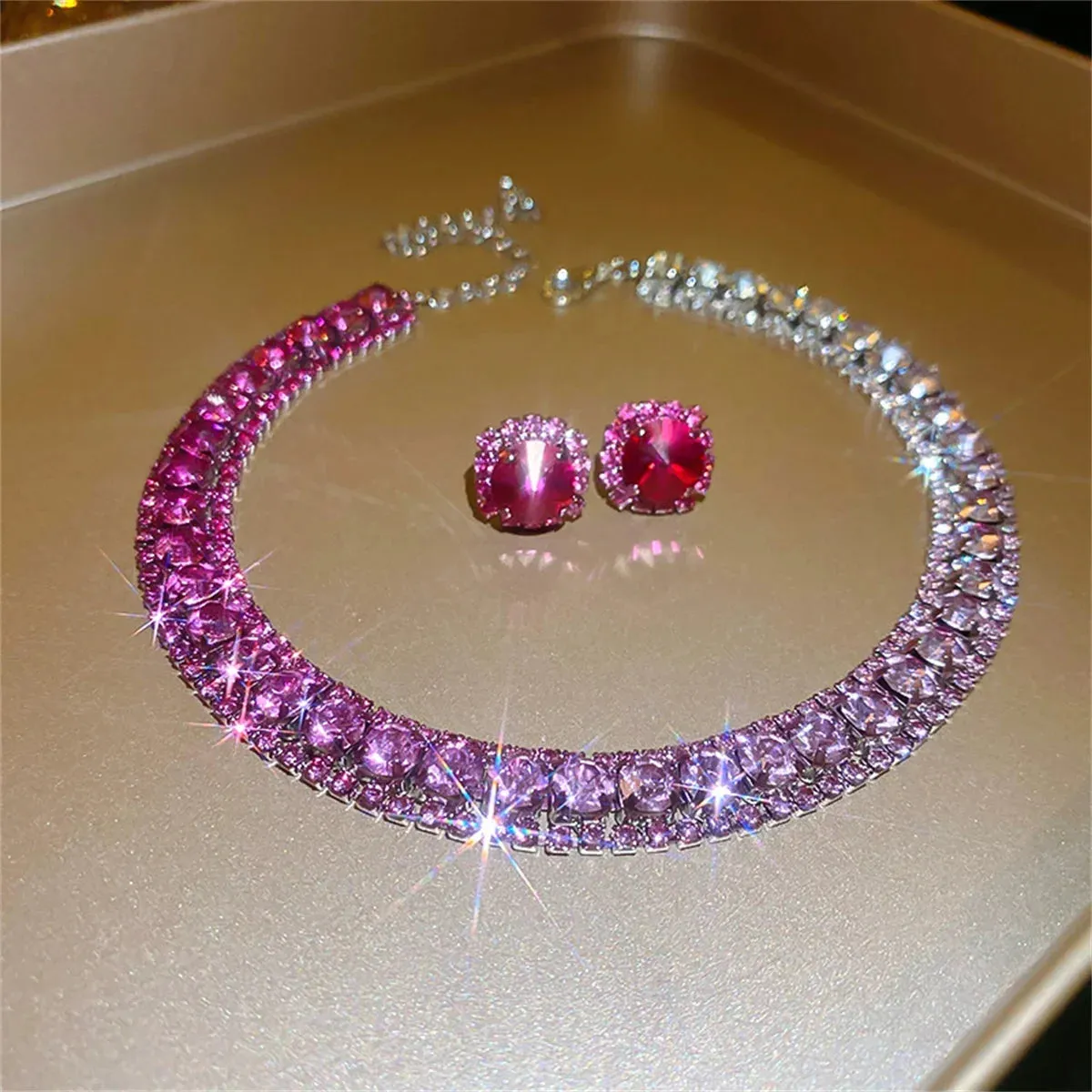 Brilliant Crystal Necklace Earrings Set for Women Party Jewelry Fashion Accessories