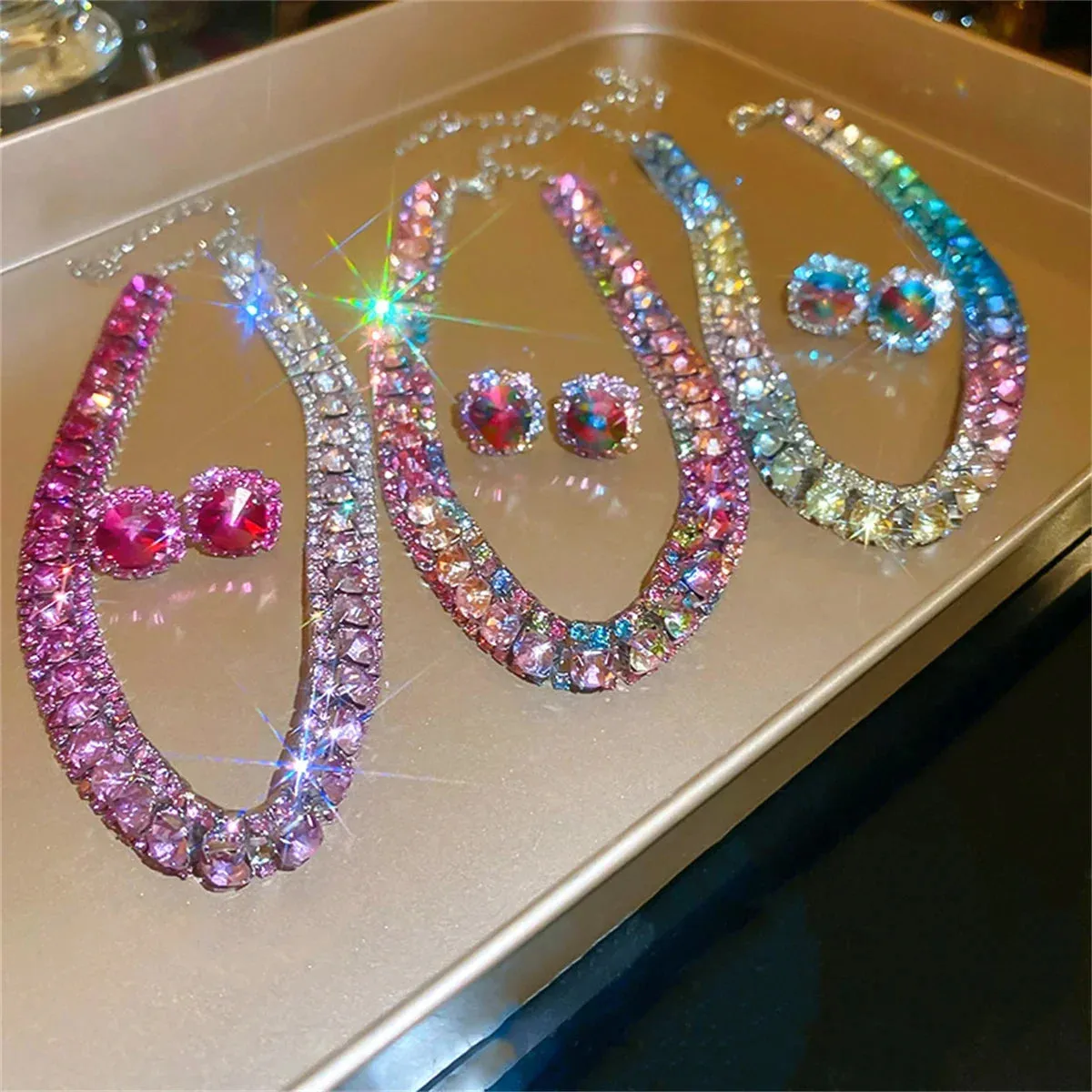 Brilliant Crystal Necklace Earrings Set for Women Party Jewelry Fashion Accessories