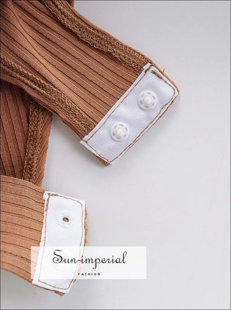 Brown V Neck Long Sleeve Ribbed Bodysuit