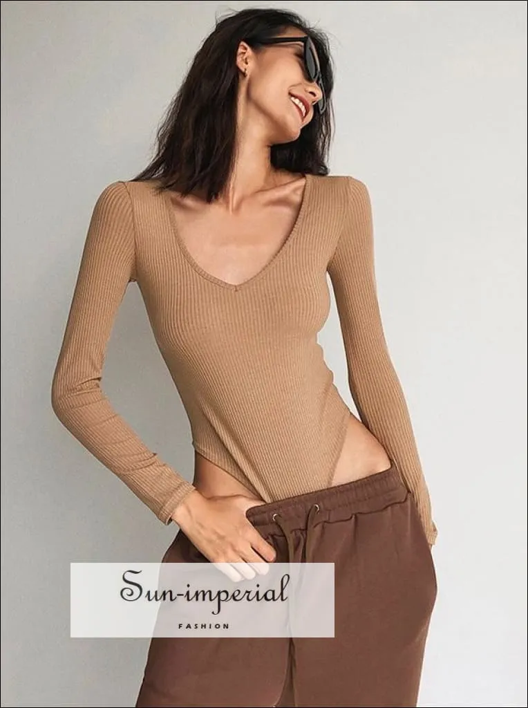 Brown V Neck Long Sleeve Ribbed Bodysuit