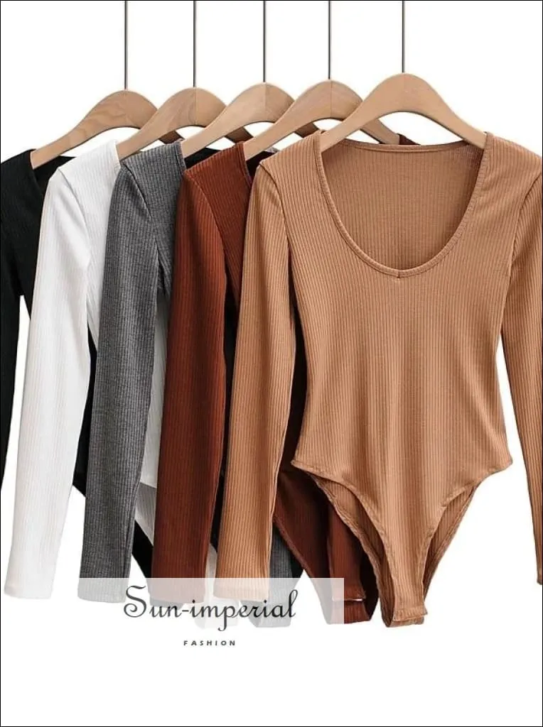 Brown V Neck Long Sleeve Ribbed Bodysuit