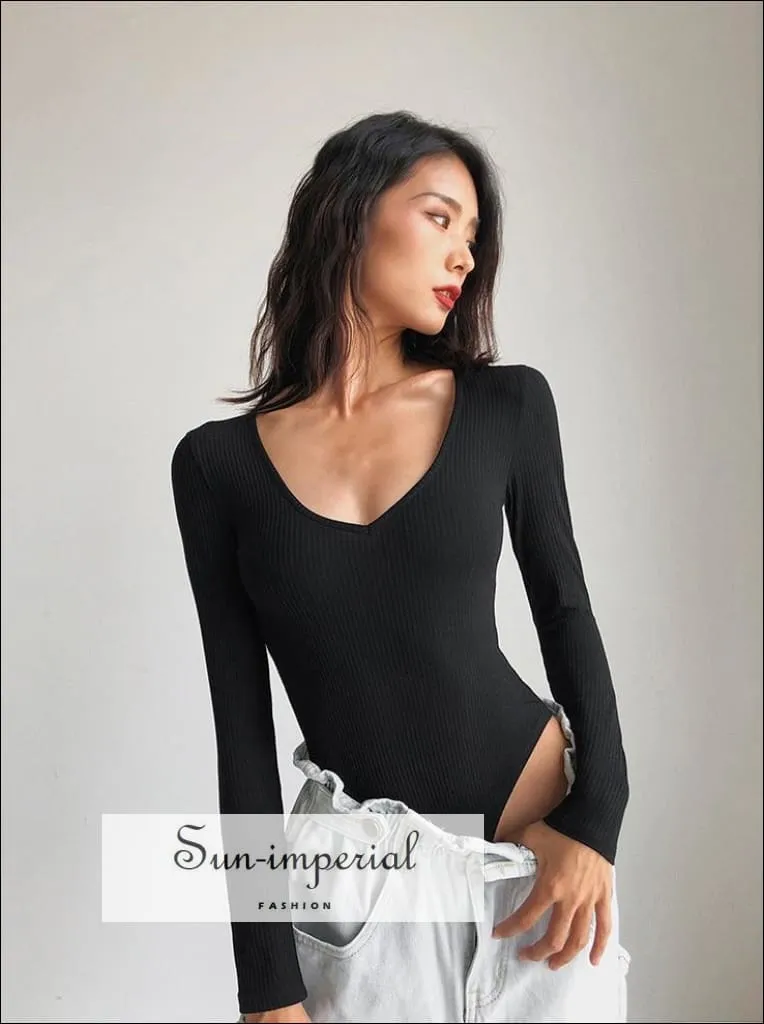 Brown V Neck Long Sleeve Ribbed Bodysuit