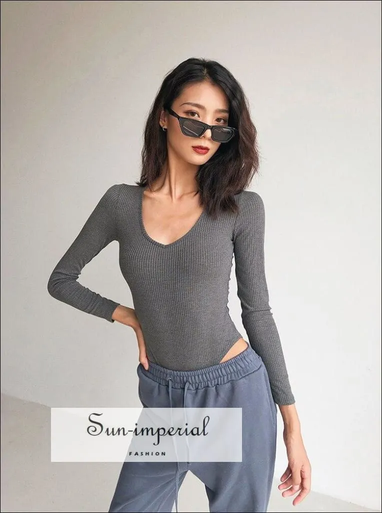 Brown V Neck Long Sleeve Ribbed Bodysuit