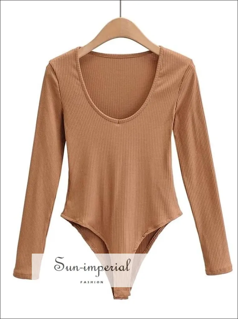Brown V Neck Long Sleeve Ribbed Bodysuit