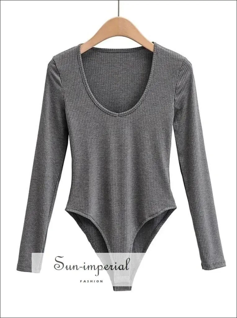 Brown V Neck Long Sleeve Ribbed Bodysuit