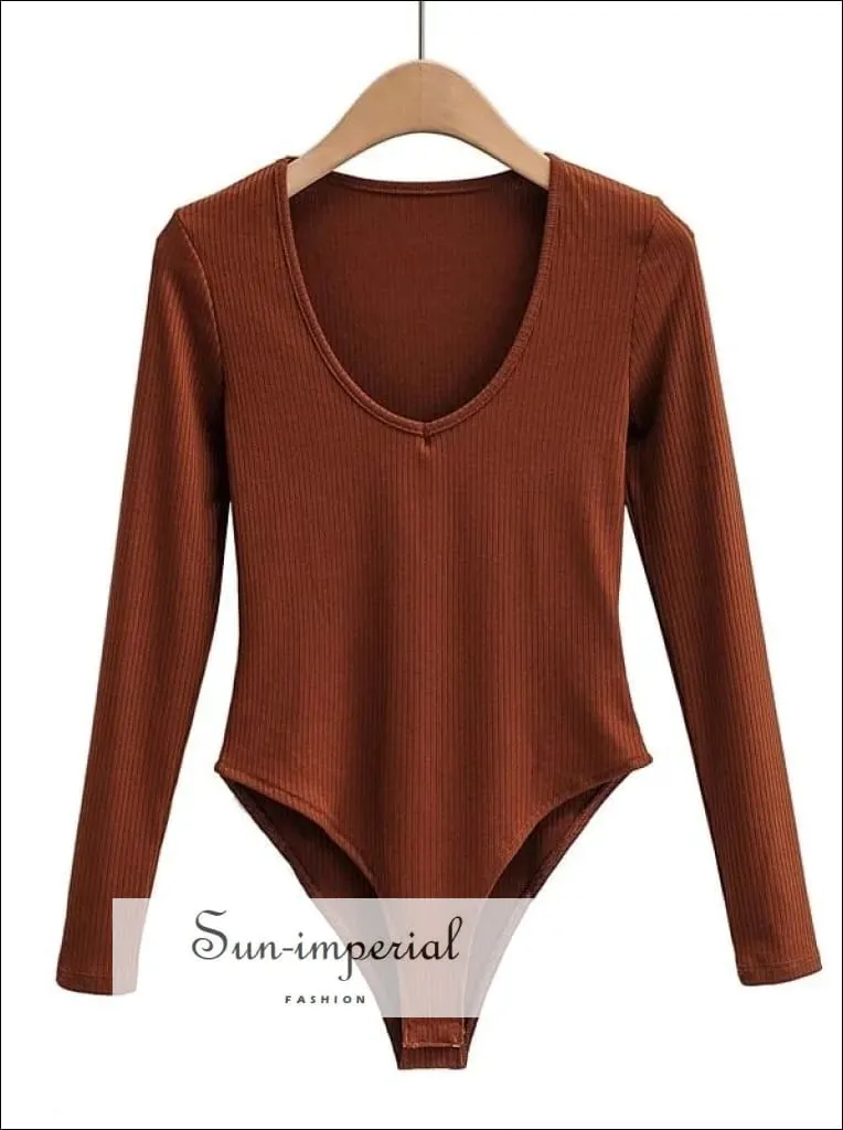 Brown V Neck Long Sleeve Ribbed Bodysuit