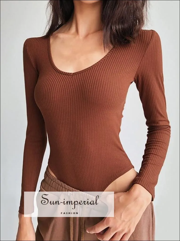 Brown V Neck Long Sleeve Ribbed Bodysuit