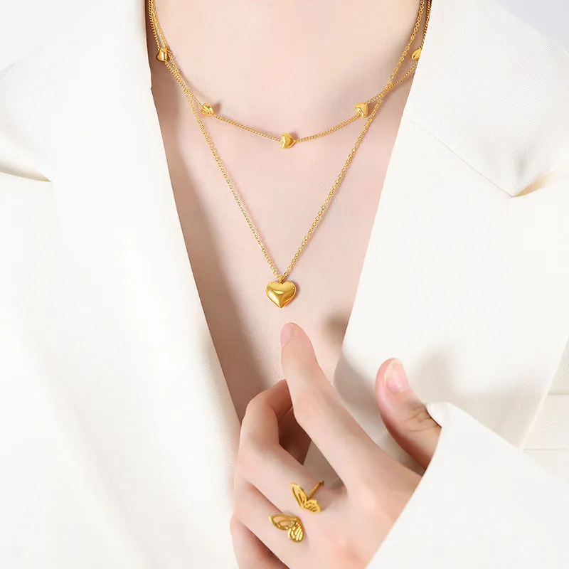 Colorfast Heart Double Chain Titanium Necklace in Niche Style