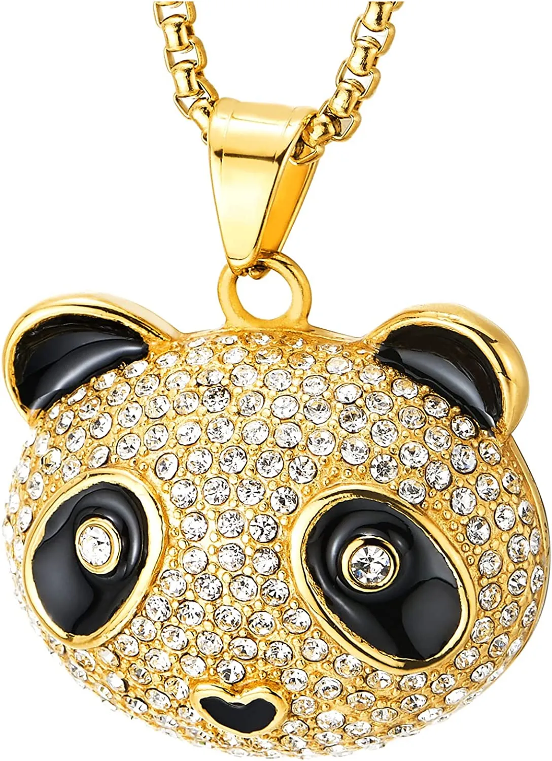 COOLSTEELANDBEYOND Mens Womens Iced Out Cute Panda Pendant Necklace Pave Cubic Zirconia, Gold Color Steel, Bling Bling Rapper Jewelry