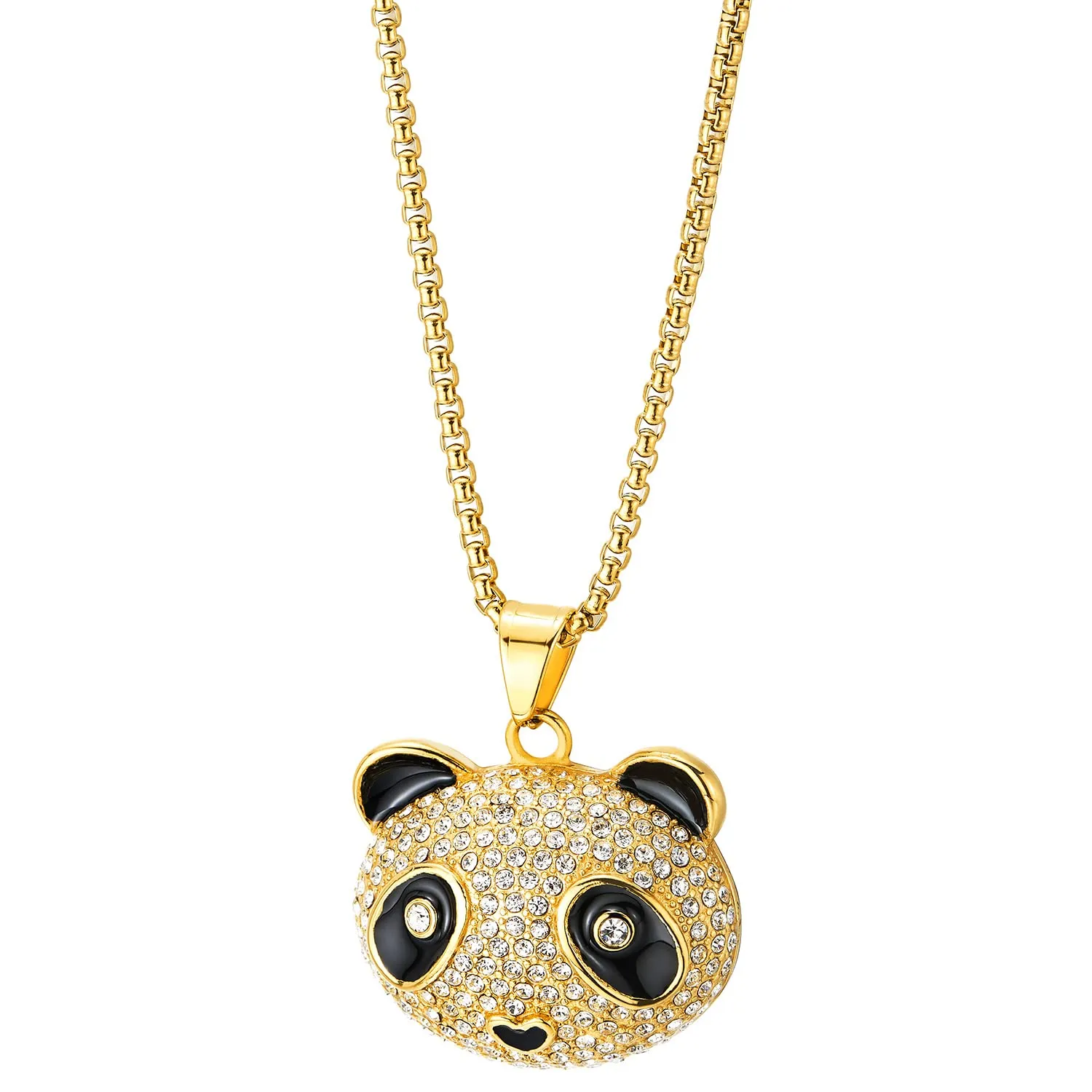 COOLSTEELANDBEYOND Mens Womens Iced Out Cute Panda Pendant Necklace Pave Cubic Zirconia, Gold Color Steel, Bling Bling Rapper Jewelry