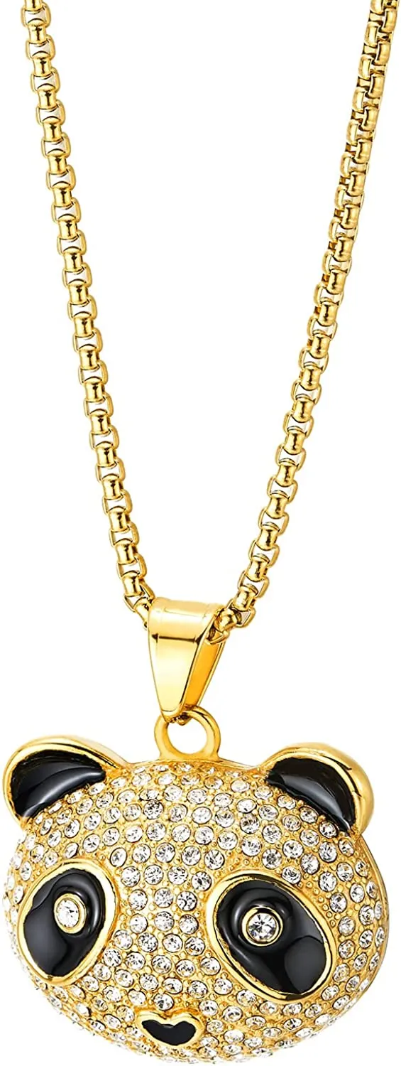COOLSTEELANDBEYOND Mens Womens Iced Out Cute Panda Pendant Necklace Pave Cubic Zirconia, Gold Color Steel, Bling Bling Rapper Jewelry