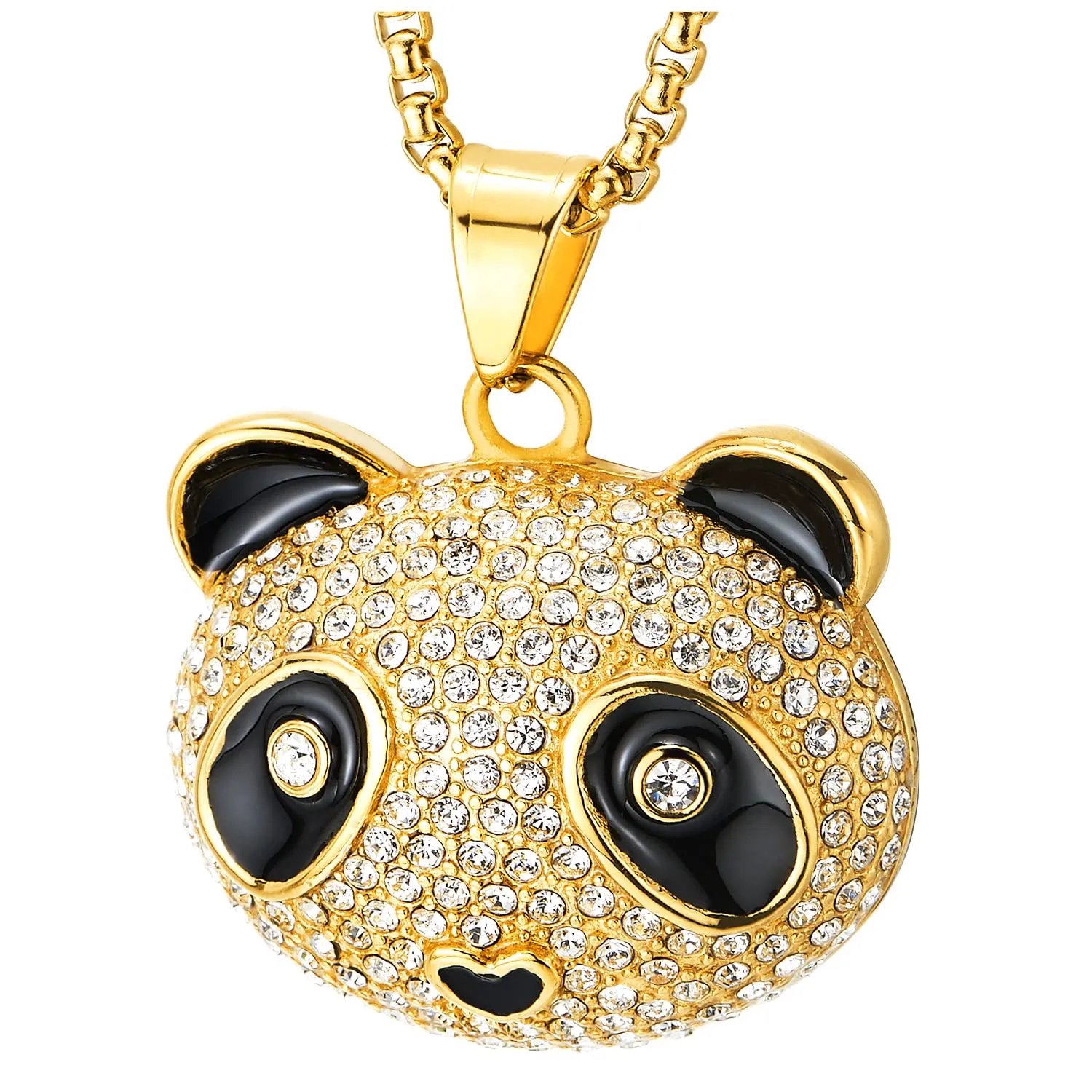 COOLSTEELANDBEYOND Mens Womens Iced Out Cute Panda Pendant Necklace Pave Cubic Zirconia, Gold Color Steel, Bling Bling Rapper Jewelry