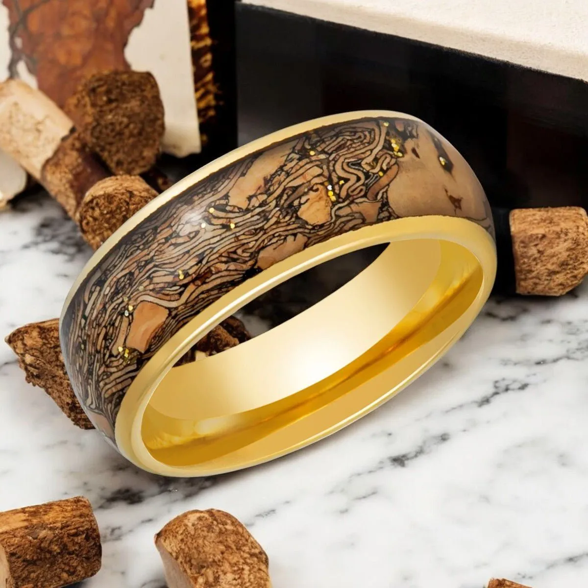 CORKSHINE | Gold Tungsten Ring, Cork and Gold Glitter Inlay, Domed
