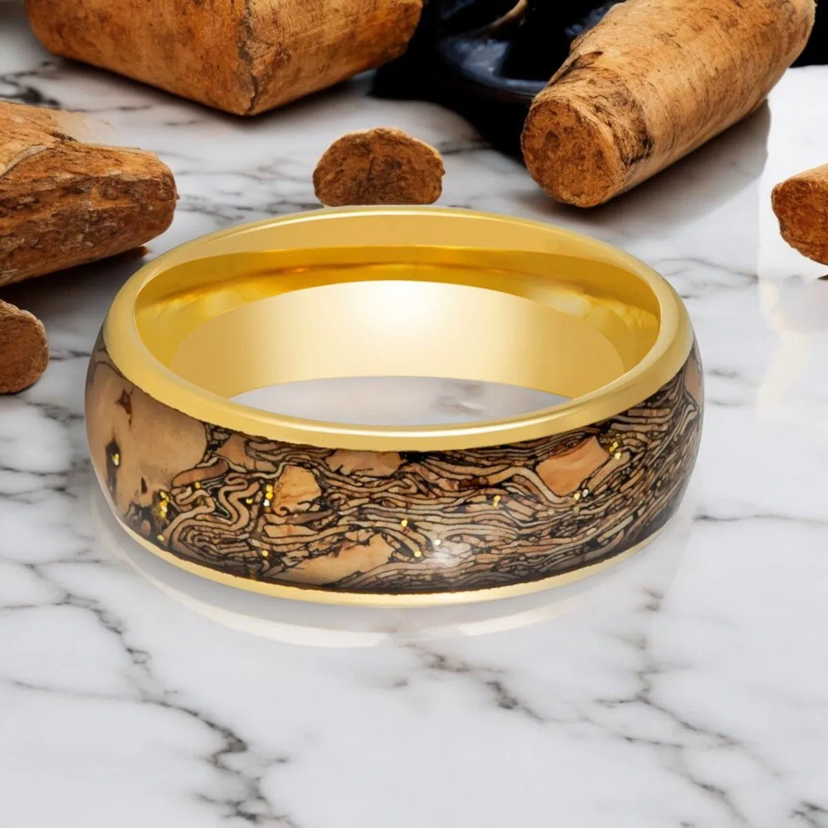 CORKSHINE | Gold Tungsten Ring, Cork and Gold Glitter Inlay, Domed