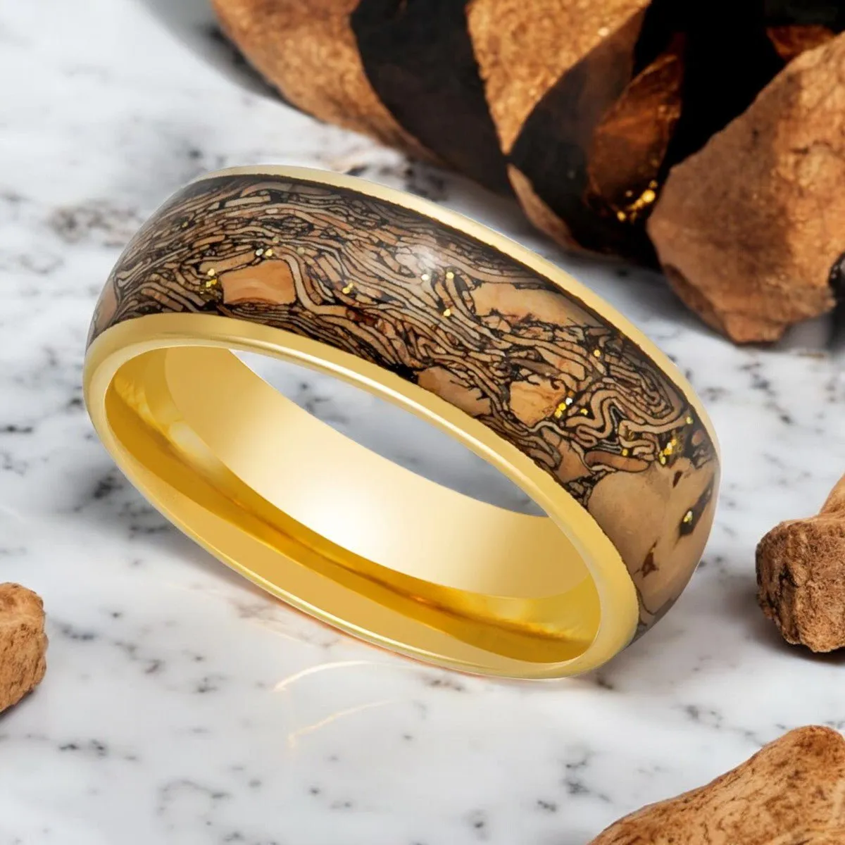 CORKSHINE | Gold Tungsten Ring, Cork and Gold Glitter Inlay, Domed