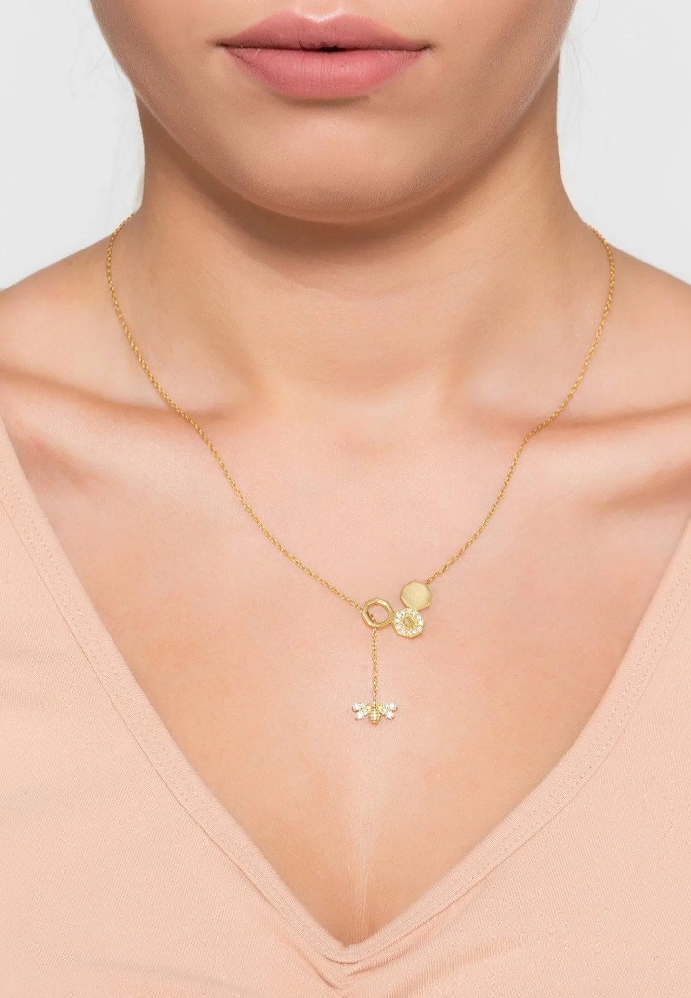 Diamond Honey Bee Comb Pendant Necklace Rosegold