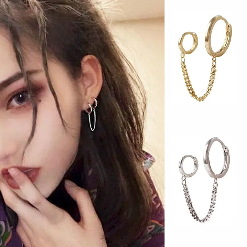 Double Pierced Conjoined Chain Earrings for Female European and American Simple Punk Street Girls Boy Single Earrings