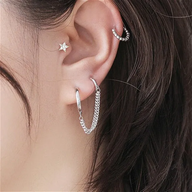 Double Pierced Conjoined Chain Earrings for Female European and American Simple Punk Street Girls Boy Single Earrings