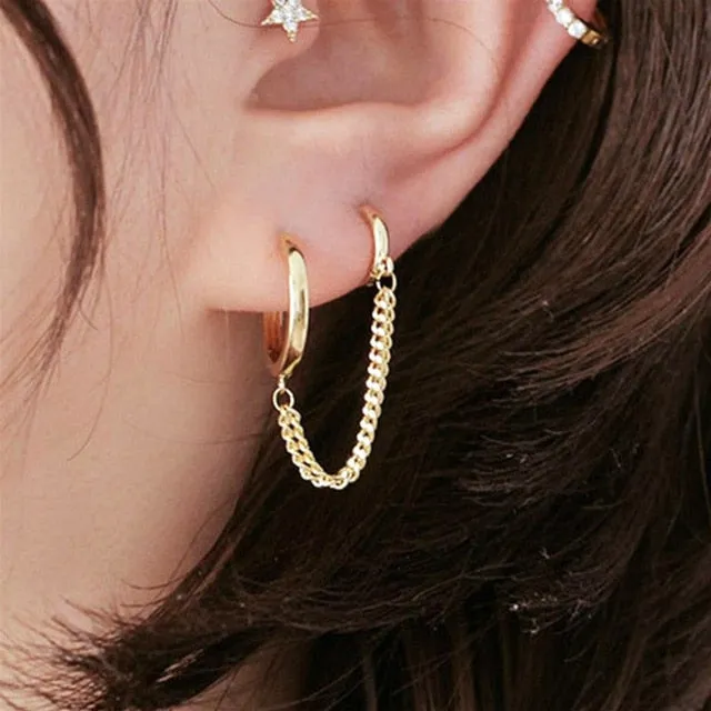 Double Pierced Conjoined Chain Earrings for Female European and American Simple Punk Street Girls Boy Single Earrings