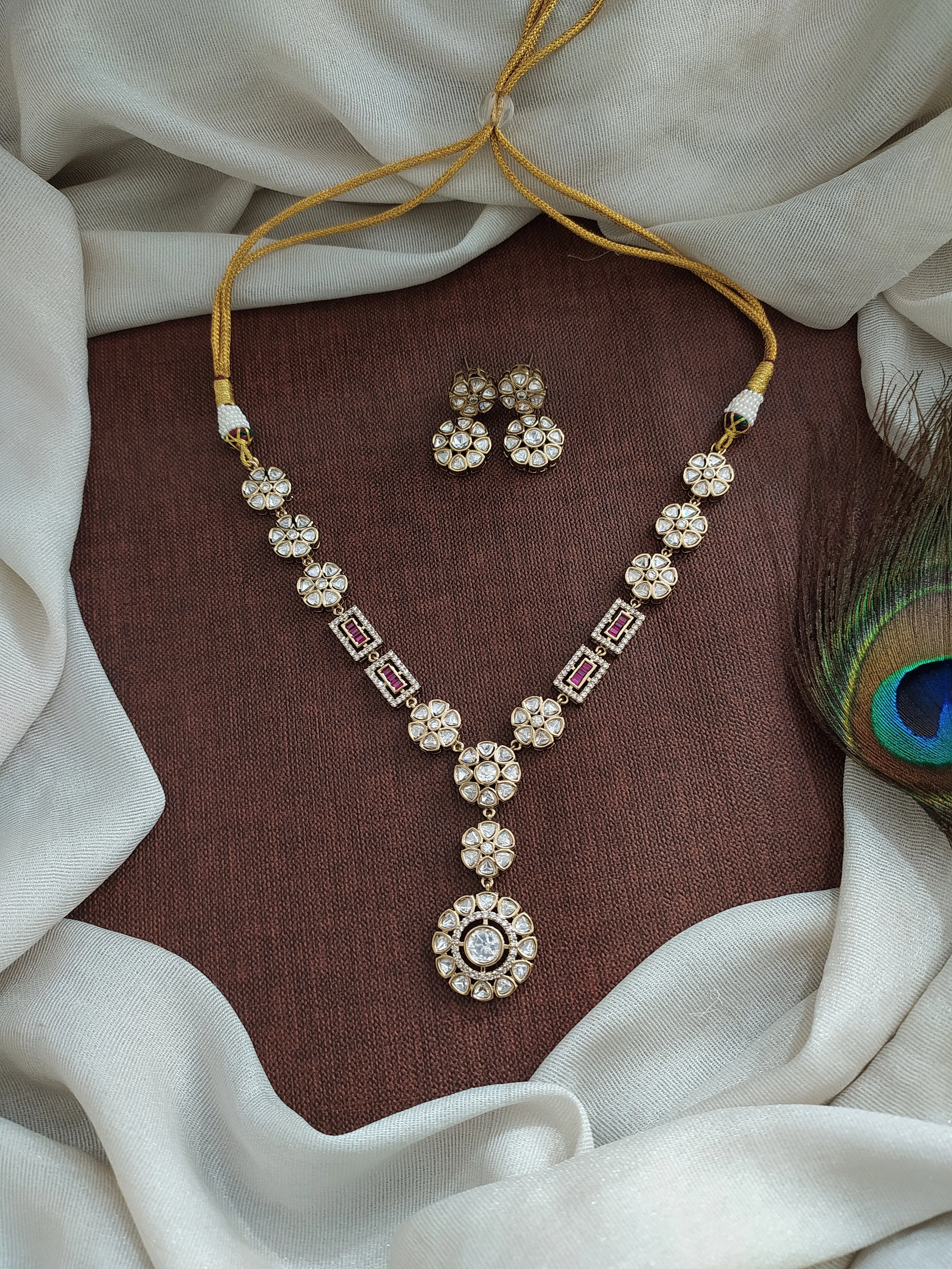 Elegant Kundan Necklace with Floral Pendants and Matching Earrings for Karwa Chauth